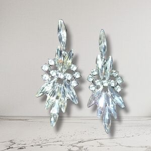 Crystal Navette Sparkle Long Earrings Bridal Formal Prom EUC